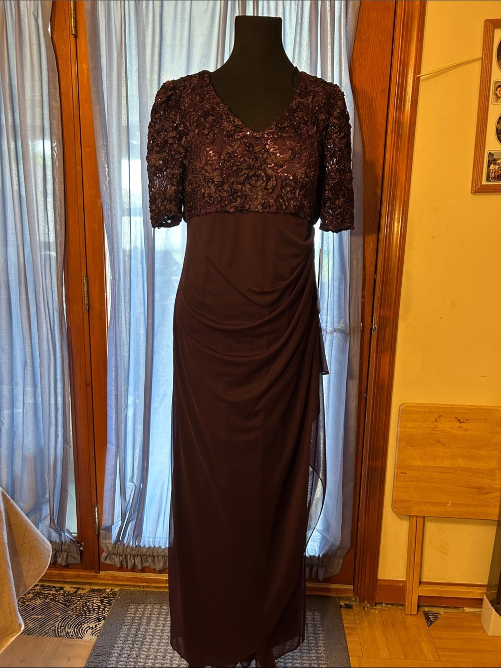 Alex Evenings Plum Sequin Bodice Long Sleeve Gown